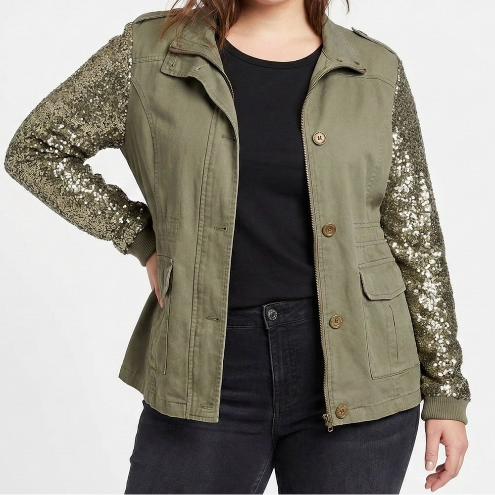 Quinn Olive Green Utility Jacket Sequin Sleeves Snap Pockets Military Anorak L - Picture 2 of 16